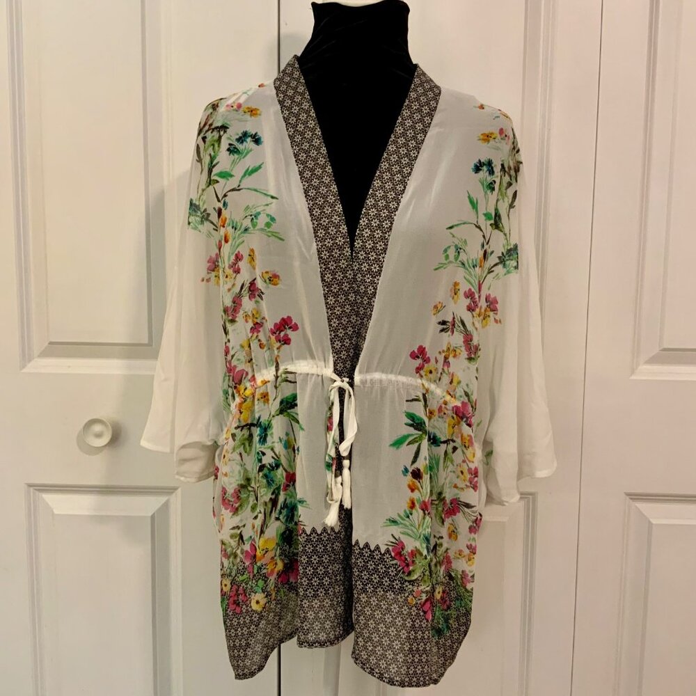 DR2 White Floral Kimono Top Sheer Tie Front Size Small